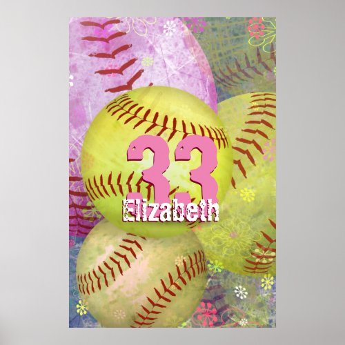 Girls Softball grungy pink yellow Poster