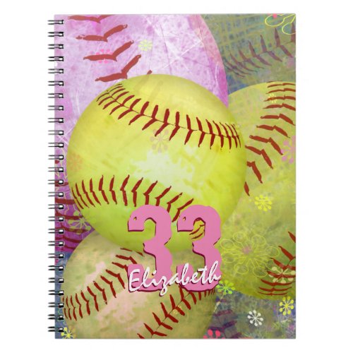 Girls Softball Pink Bright Yellow personalized  Notebook