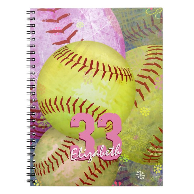 Girls' Softball Pink Bright Yellow personalized  Notebook (Front)
