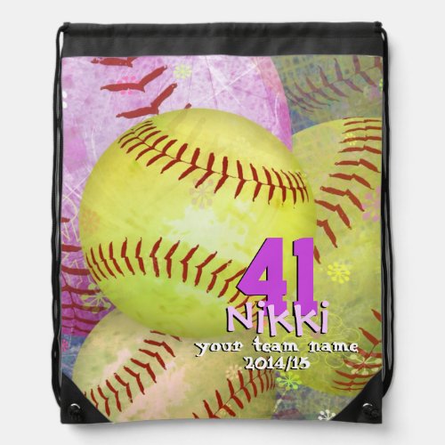Girls Softball Pink Yellow Abstract Girly Drawstring Bag