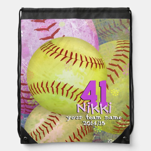 Girls Softball Pink Yellow Abstract Girly Drawstring Bag (Front)