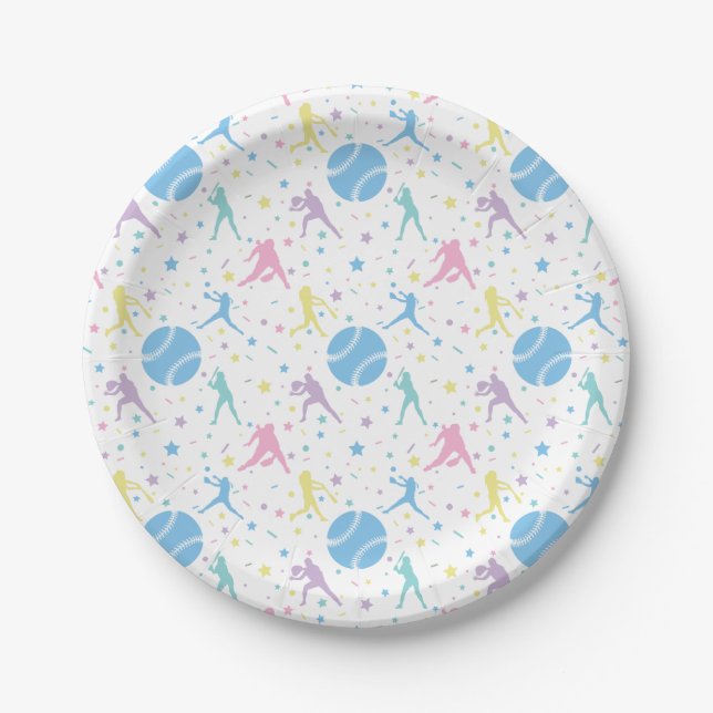 Girls Softball Player Stars Paper Plates (Front)