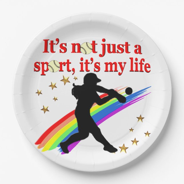 GIRLS SOFTBALL RED RAINBOW INSPIRATIONAL DESIGN PAPER PLATES (Front)