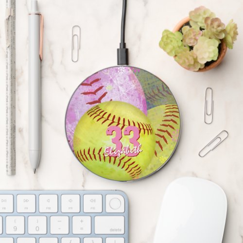 girls softball themed personalized  wireless charger 