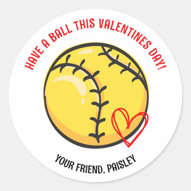 Girls Softball Valentine Favor Tag Stickers (Front)