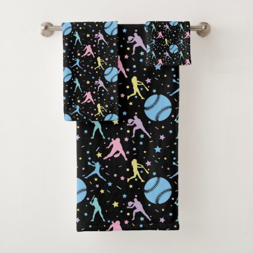 Girls Softball _ Women Players with Stars Bath Towel Set