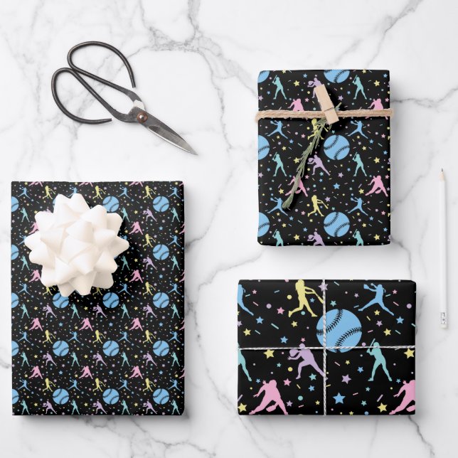 Girls Softball - Women Players with Stars Wrapping Paper Sheets (Front)