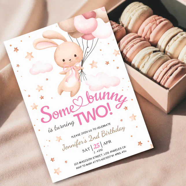 Girls Some Bunny is TWO! Bunny 2nd Birthday Invitation | Zazzle