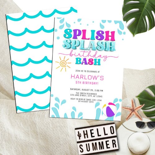 Girls Splish Splash Water Party Birthday Invitation