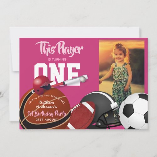 Girls Sports 1st Birthday Baseball Pink Invites