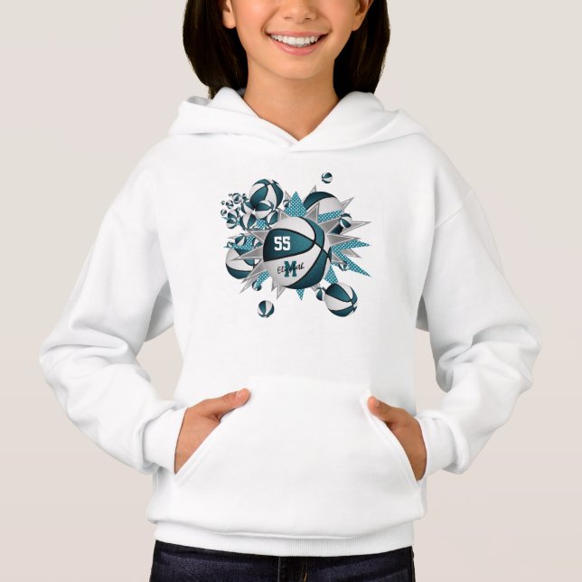 girls sports apparel teal white basketball blowout hoodie (Front)