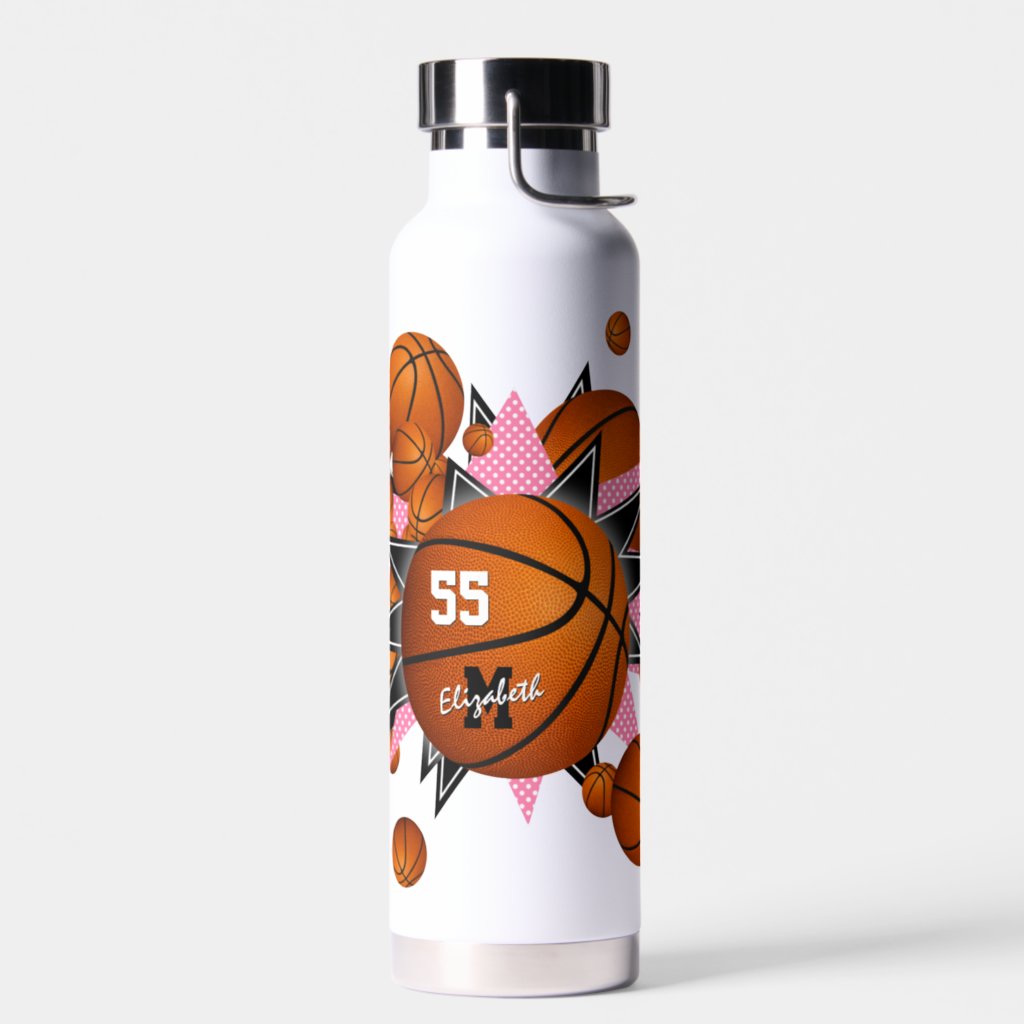 girl's sports basketballs pink black stars water bottle