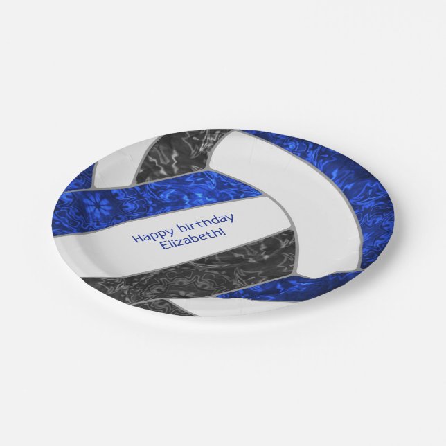 girl's sports birthday party blue black volleyball paper plates (Angled)