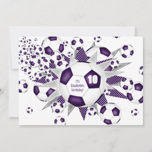 Girls sports birthday purple soccer balls stars announcement