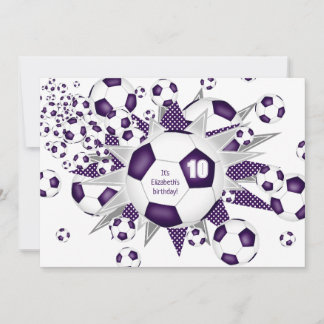 Girls sports birthday purple soccer balls stars  announcement