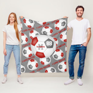 girls sports decor I love soccer red gray Fleece Blanket