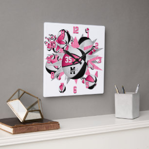 girls sports decor pink black basketballs stars square wall clock