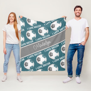girls sports decor teal gray I love soccer Fleece Blanket