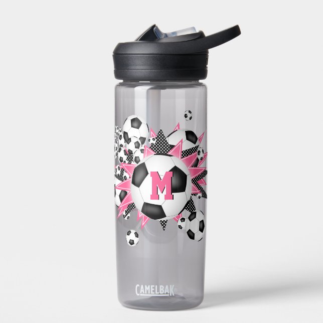 girls sports gear soccer balls pink black stars water bottle (Left)