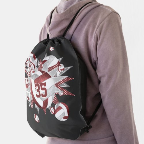 girls sports maroon gray volleyballs stars  drawstring bag