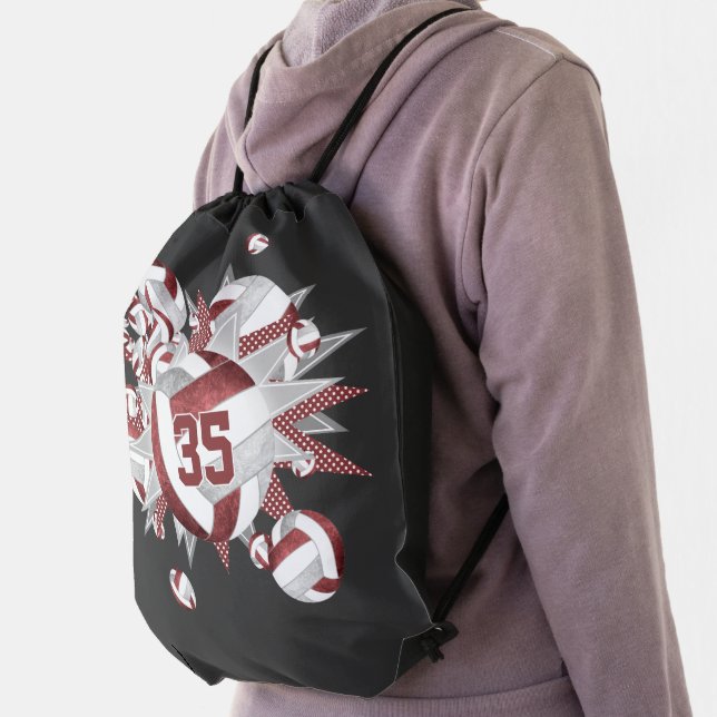 girls sports maroon gray volleyballs stars  drawstring bag (Insitu)