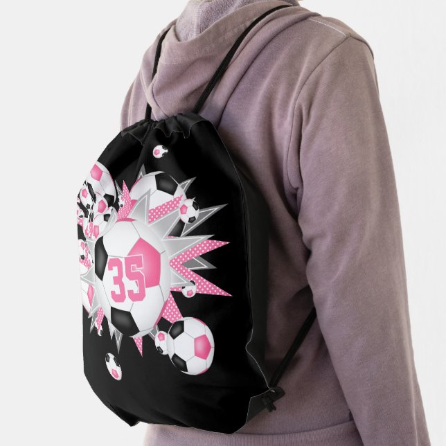 girls sports pink black soccer ball blowout  drawstring bag (Insitu)