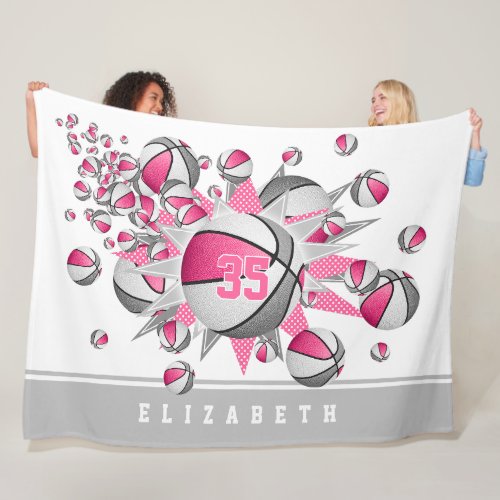girls sports pink gray basketballs stars fleece blanket
