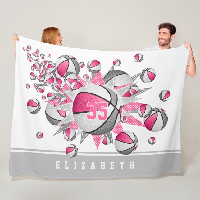 girls sports pink gray basketballs stars fleece blanket (In Situ)