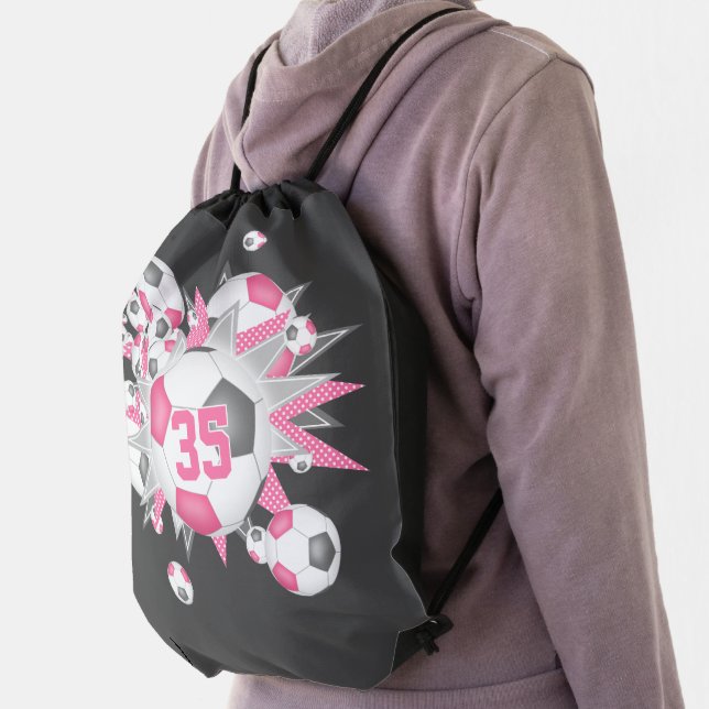 girls sports pink gray soccer ball blowout  drawstring bag (Insitu)