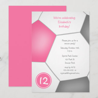 girls sports pink gray soccer birthday party invitation