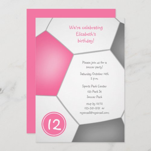 girls sports pink gray soccer birthday party invitation