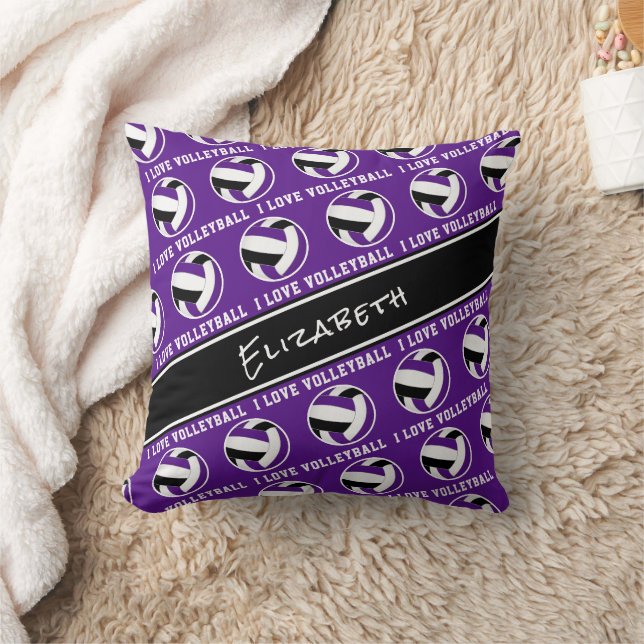 girls sports purple black "I love volleyball" Throw Pillow (Blanket)
