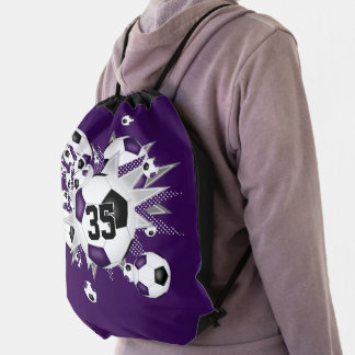girls sports purple black soccer ball blowout  drawstring bag