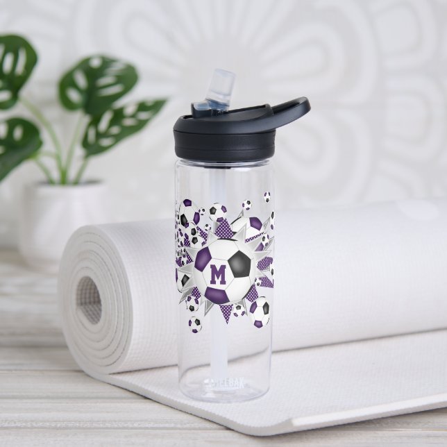 girls sports purple black soccer balls stars water bottle (Yoga)