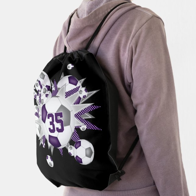 girls sports purple gray soccer ball blowout  drawstring bag (Insitu)