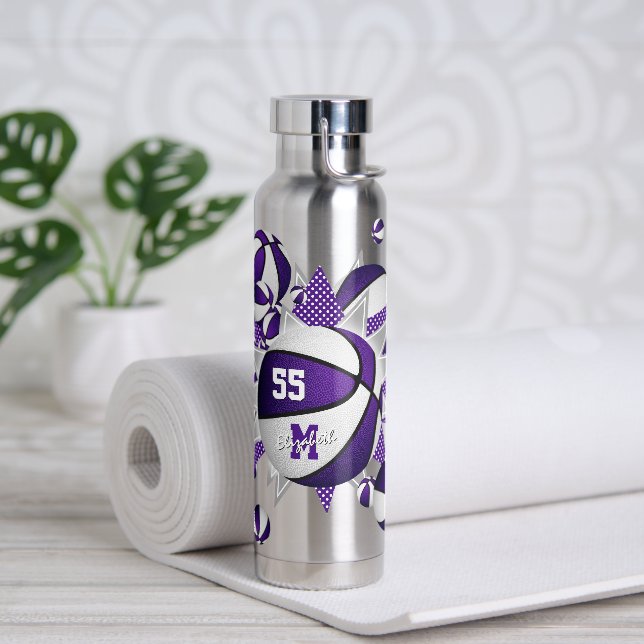 girl's sports purple white basketballs stars water bottle (Yoga)