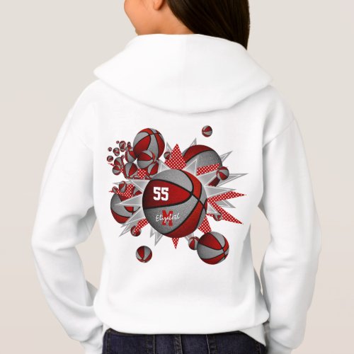 girls sports red gray basketballs and stars hoodie