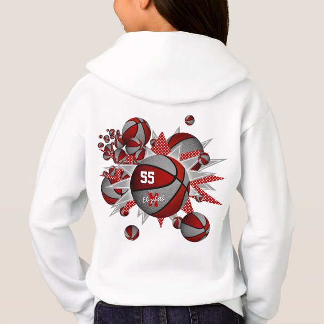 girls sports red gray basketballs and stars hoodie (Back)