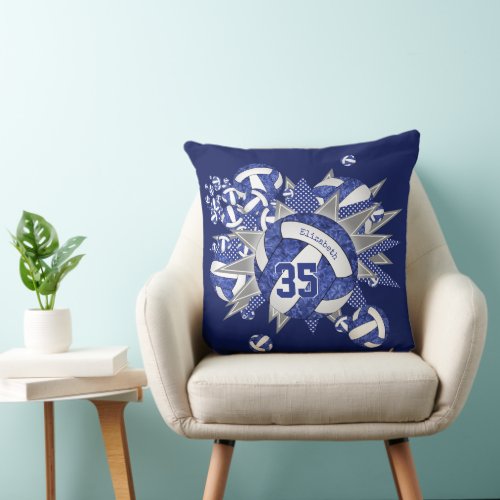 girls sports room blue white volleyballs stars  throw pillow