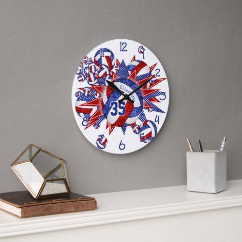 girls sports room decor red blue volleyballs stars large clock