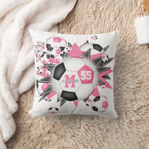 girls sports room pink black soccer ball blowout throw pillow