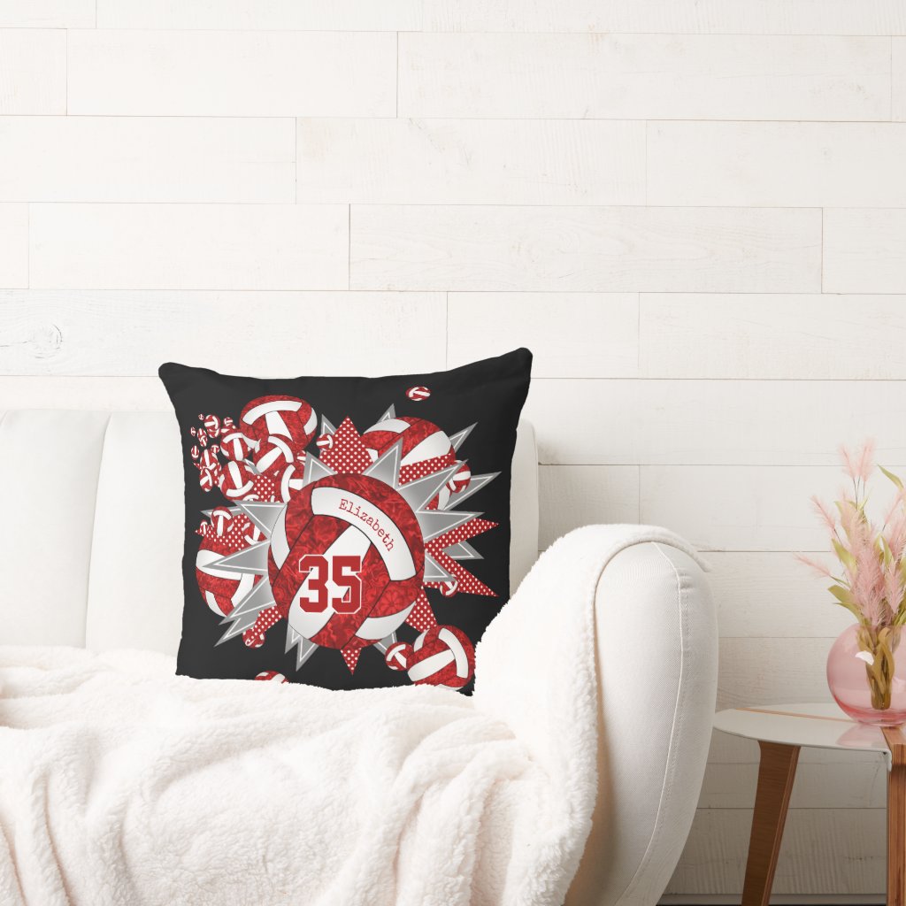 girls sports room red white volleyballs stars throw pillow