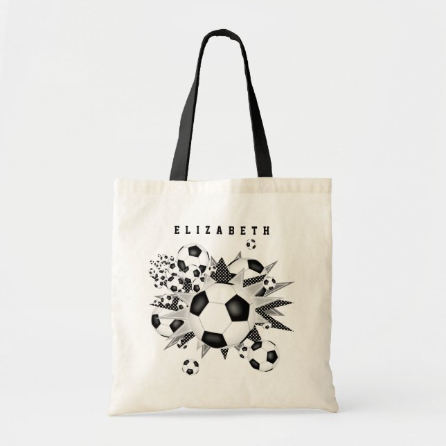 girls sports soccer ball blowout black gray tote bag (Front)