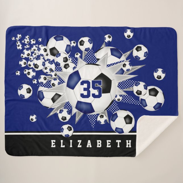 girls sports soccer balls stars blue black  sherpa blanket (Front (Horizontal))
