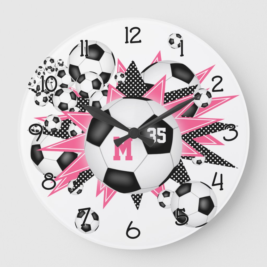 girls sports soccer balls w pink black stars wall clock