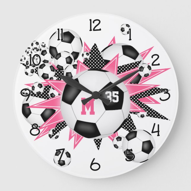 girls sports soccer balls w pink black stars large clock (Front)