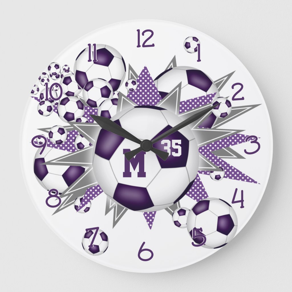 girls sports soccer balls w purple gray stars wall clock