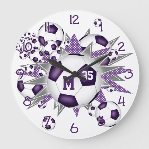 girls sports soccer balls w purple gray stars large clock