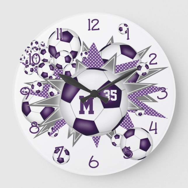 girls sports soccer balls w purple gray stars large clock (Front)
