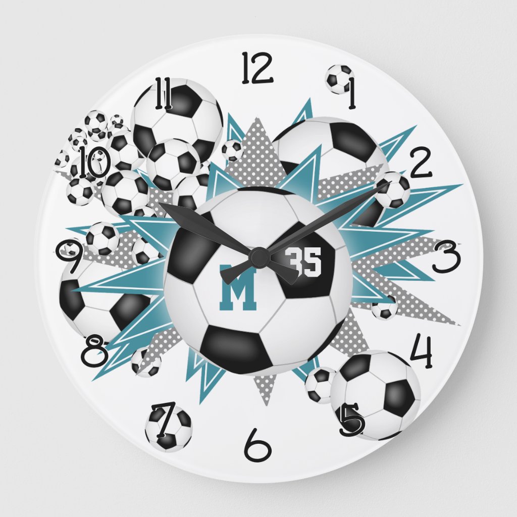girls sports soccer balls w teal gray stars wall clock